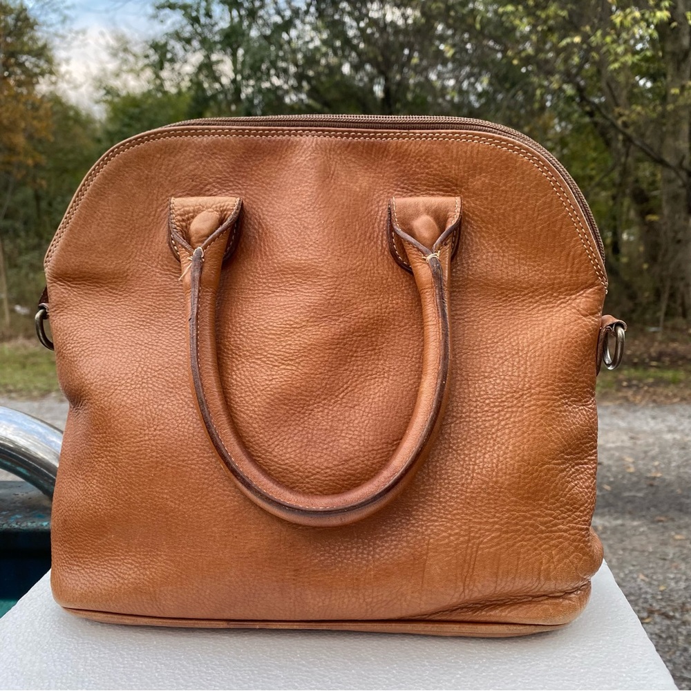 Durkee’s Express Leather Camel Brown Satchel Zip Women’s Handbag Map Print Purse